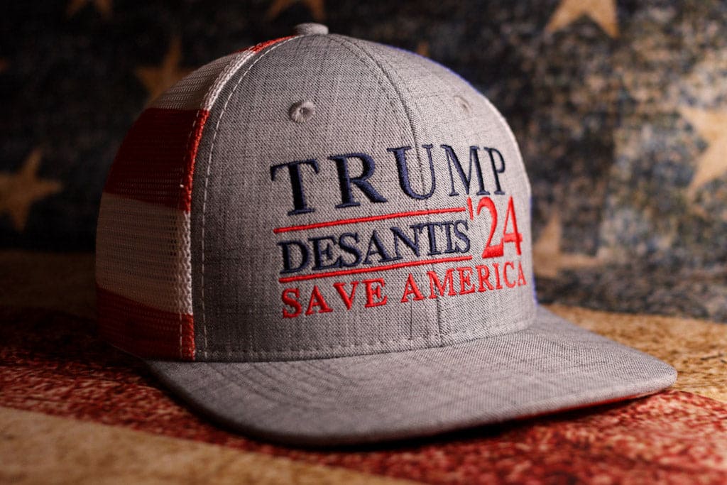 Trump DeSantis 2024 American Flag Back Mesh Trucker Hat - 2 Hats