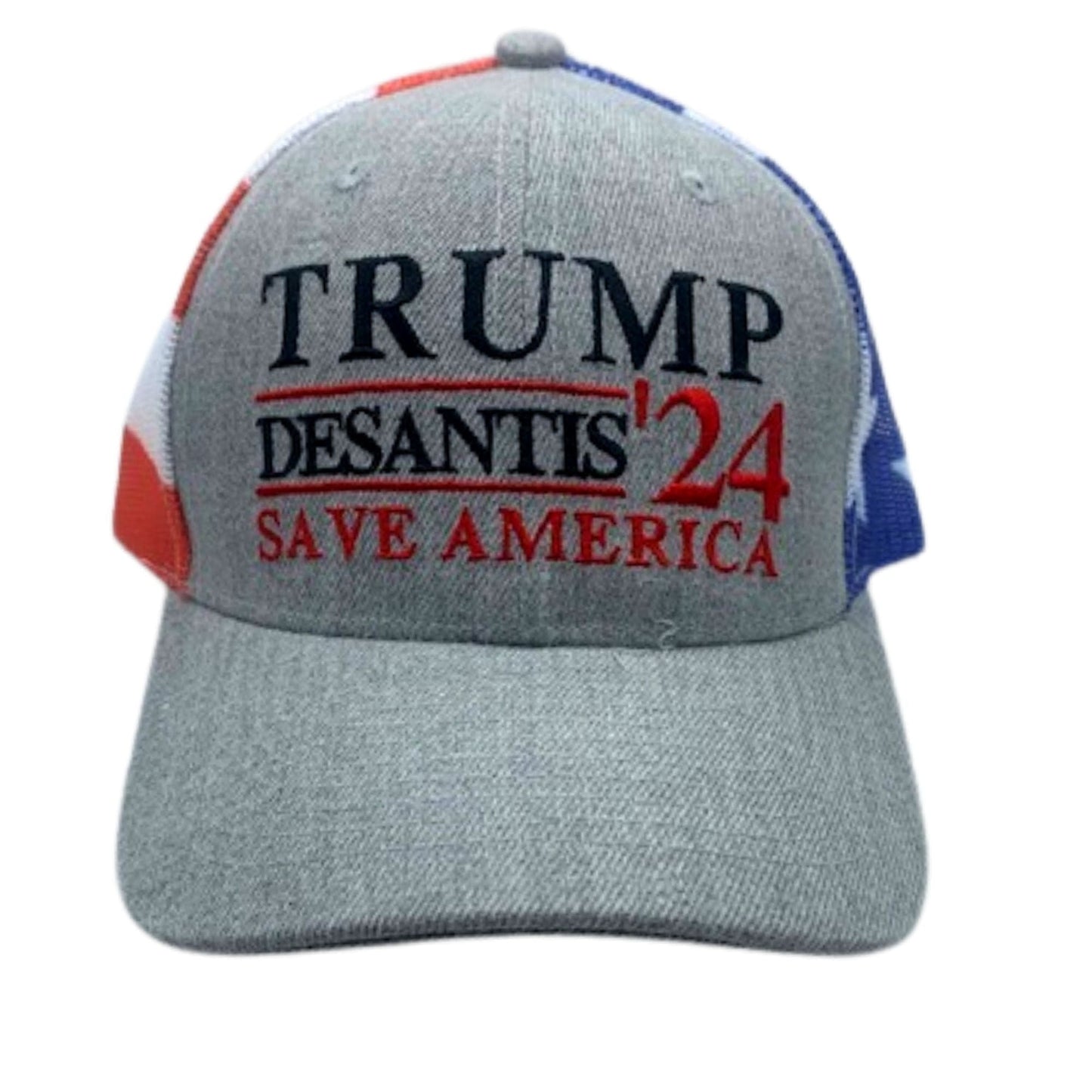 Donald Trump Ron Desantis 2024 Save America Trucker Hat with Flag Pattern Mesh Back | Unisex Patriotic Trump DeSantis '24 Cap with USA Flag