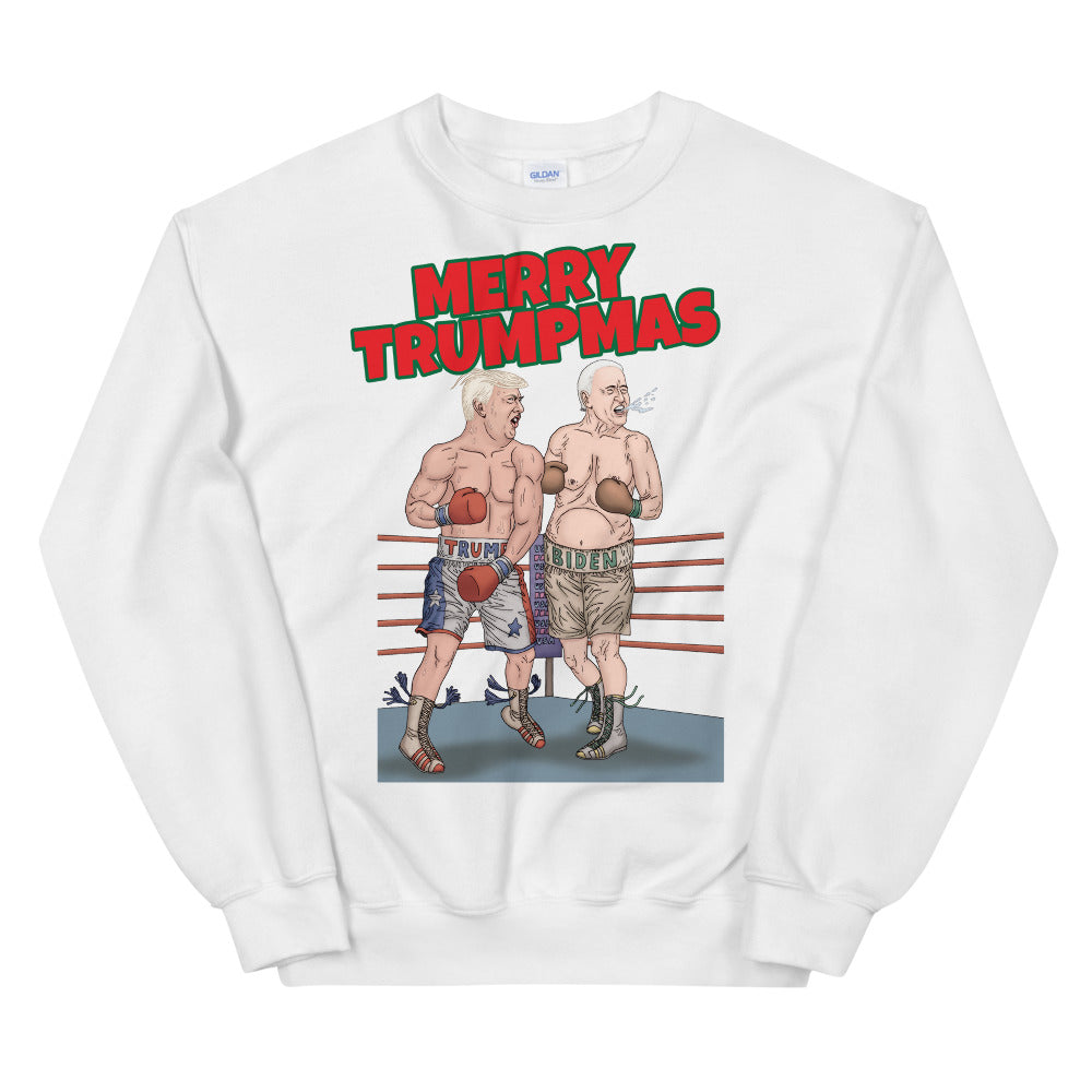 Trump knocking out Biden Christmas sweater white